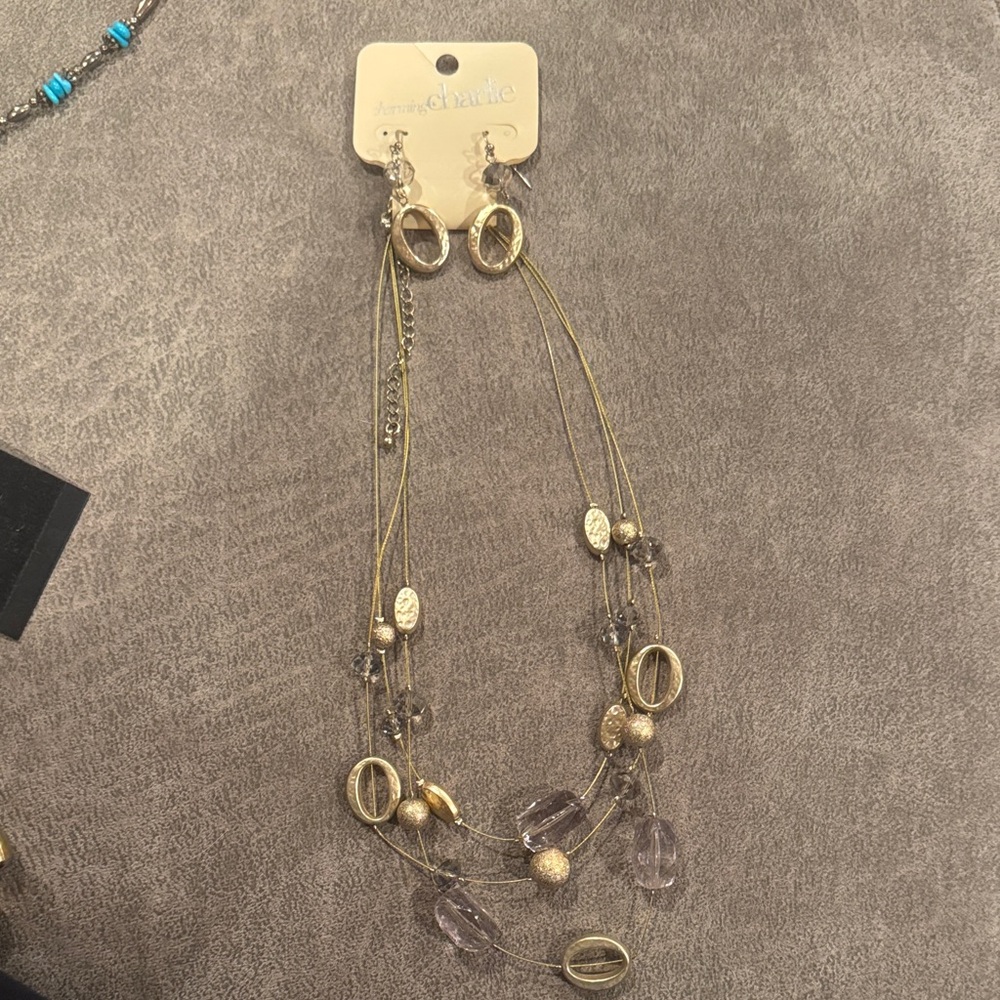 Gold and Light Purple Multi-Strand Necklace & Earrings Set
